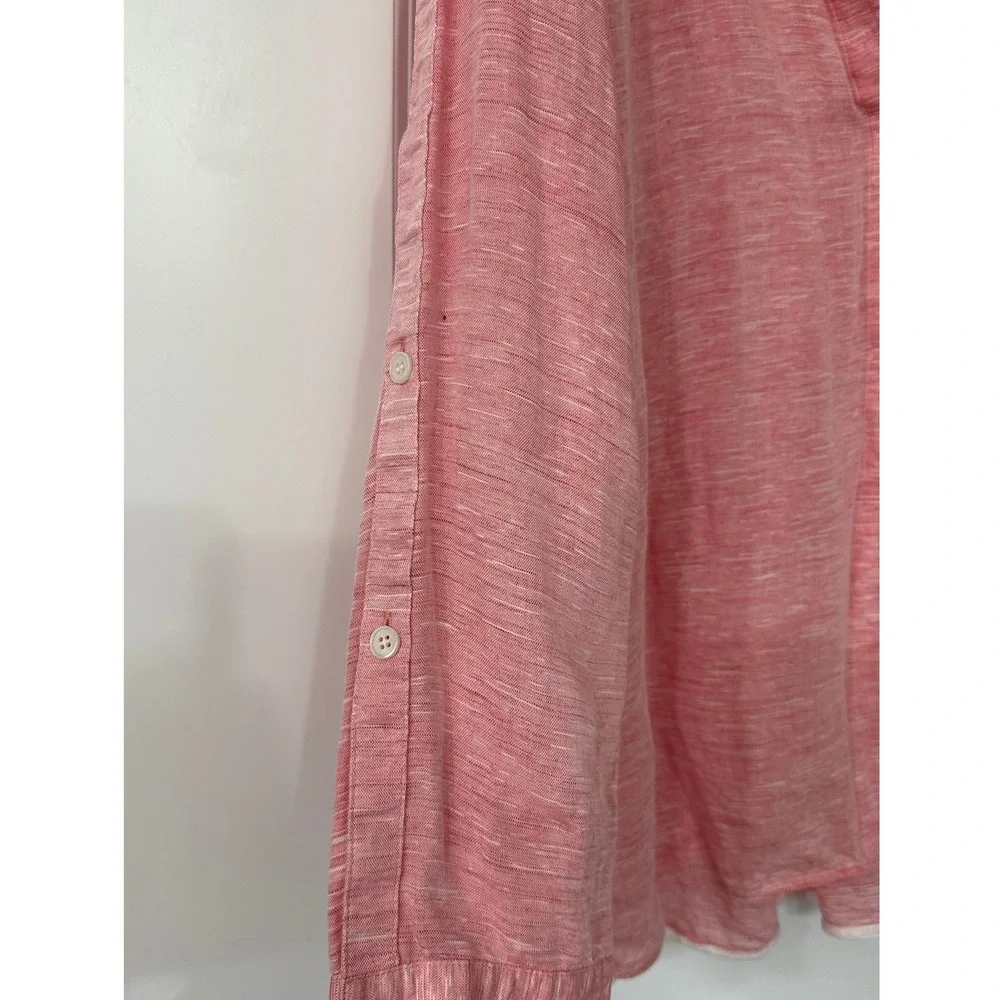 Lafayette 148 New York Coral Pink Slub Linen Button Down Shirt Band Collar Sz M - Picture 3 of 3